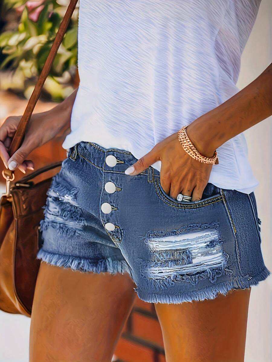 Shorts Denim Frayed - Womens Buttoned Distressed Denim Shorts With