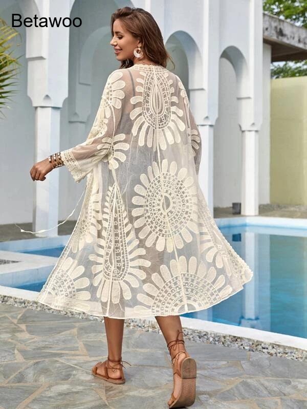 Women White Boho Floral Hollow - Kimono Sheer Floral recensione e prezzo