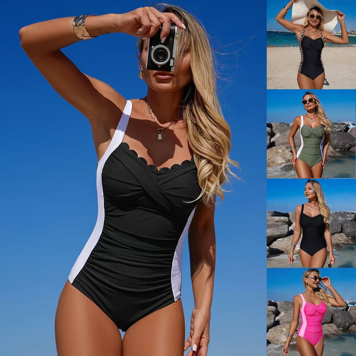 Black Swimsuit Scalloped Neckl - Swimsuit Bikini Ruched recensione e prezzo