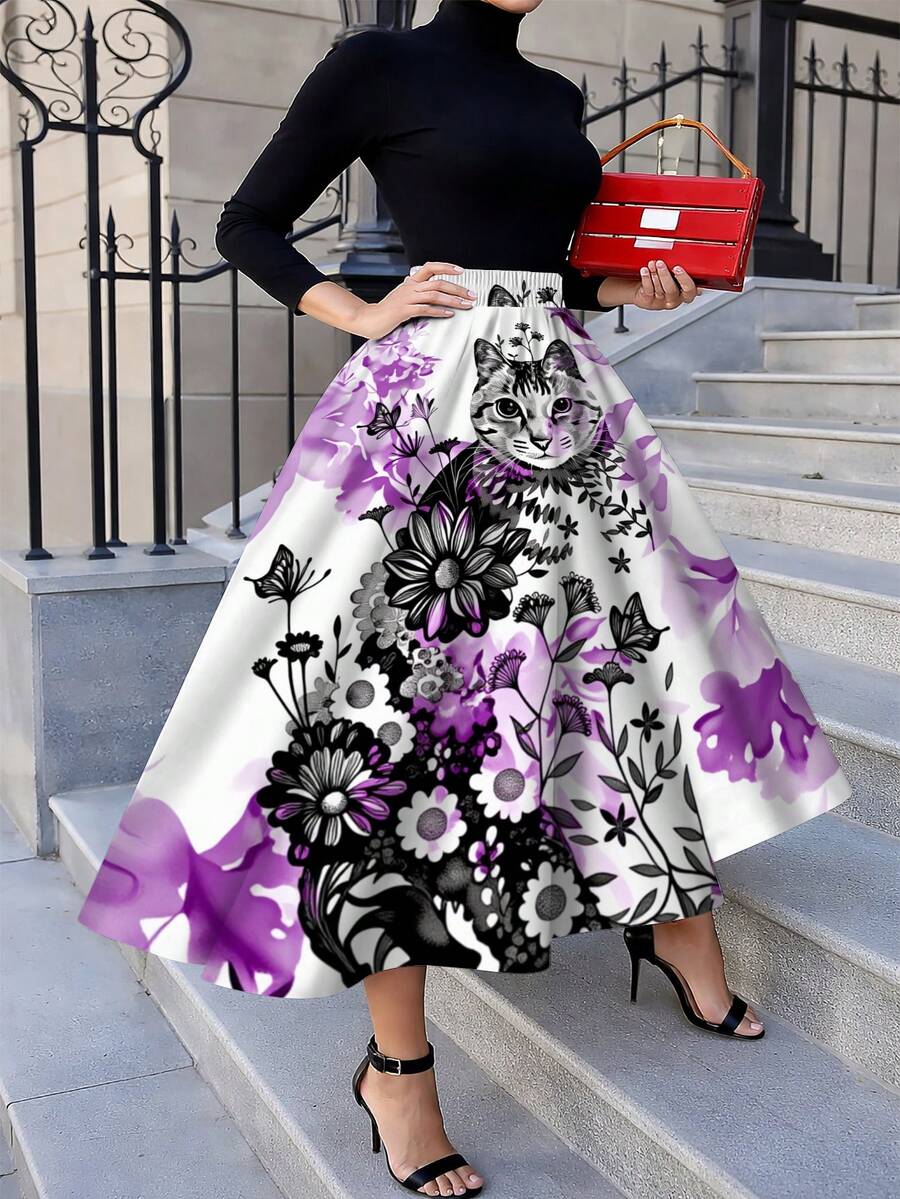 Oversized Floral Cat Print Mid - Midi Skirt Floral recensione e prezzo