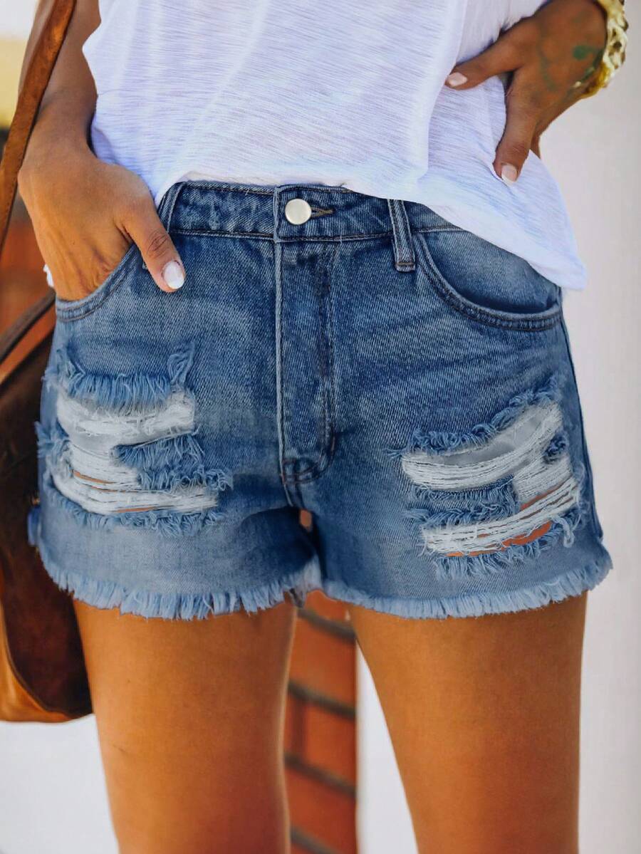 Mid Waist Washed Denim Shorts  - Shorts Denim Frayed recensione e prezzo