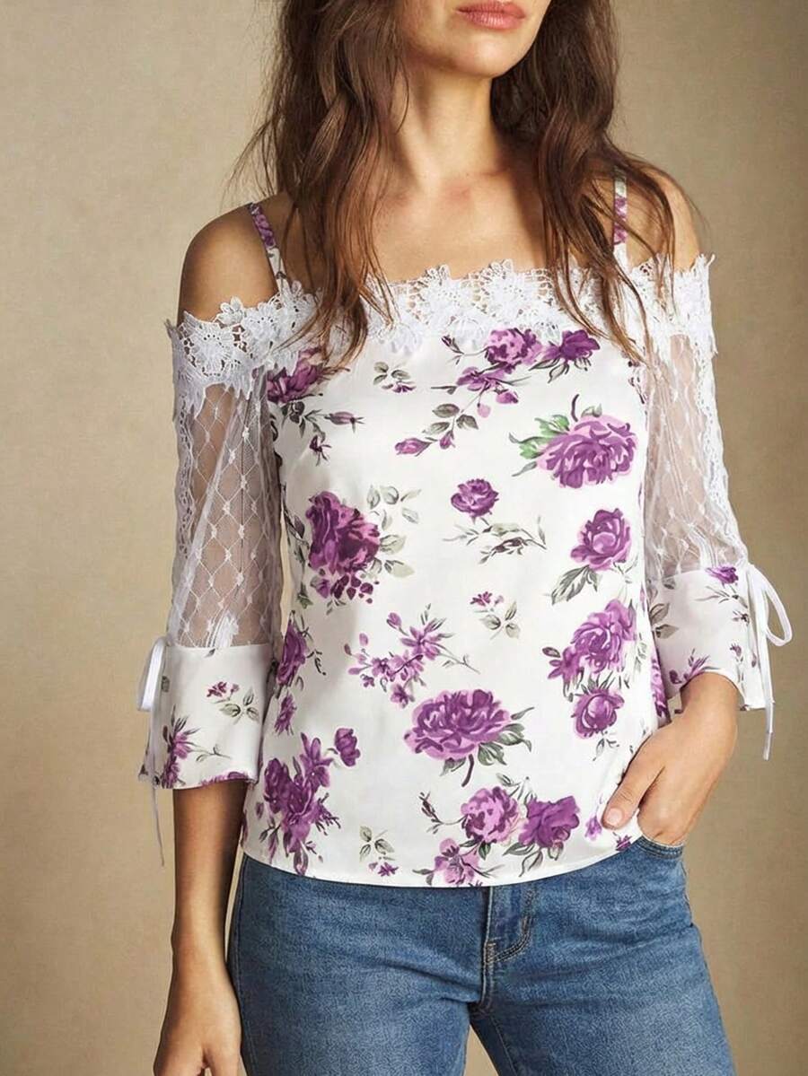 Purple Floral Print Off Should - Blouse Off Shoulder recensione e prezzo
