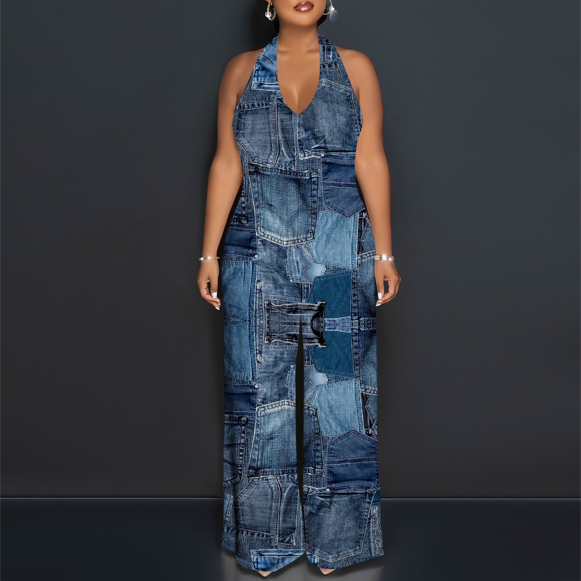 Denim Patchwork Halter V-Neck  - Maxi Dress Halter recensione e prezzo