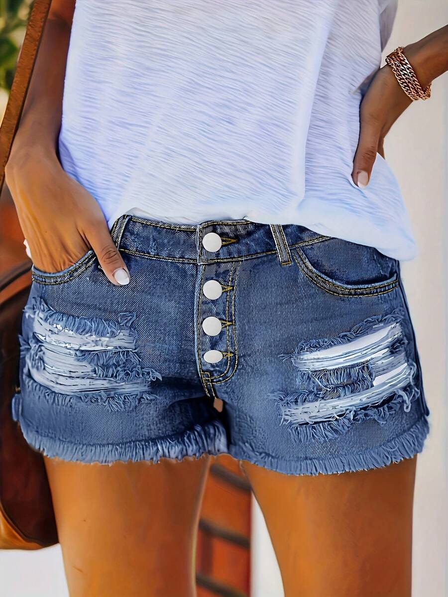 Womens Buttoned Distressed Den - Shorts Denim Frayed recensione e prezzo