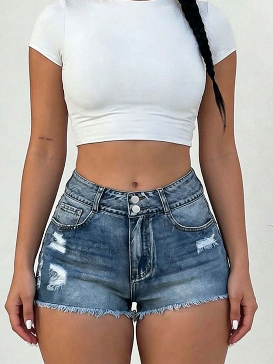 Mid-Rise Womens Denim Shorts W - Shorts Denim Frayed recensione e prezzo