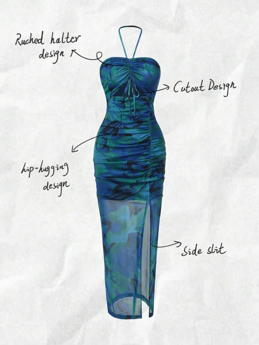 Halter Neck Pleated Mesh Print - Maxi Dress Halter recensione e prezzo
